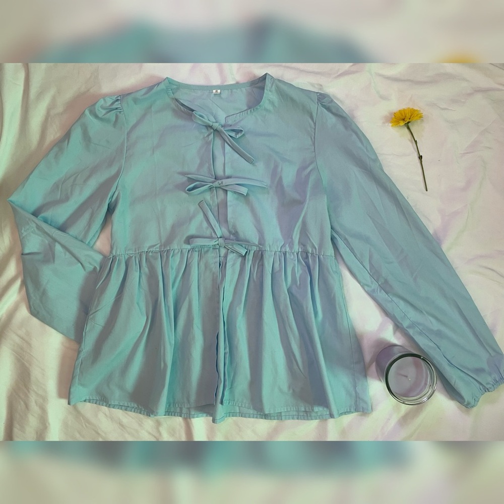 SHEIN Light Blue Blouse with Bow Details. Sky blue long sleeve blouse with bows.